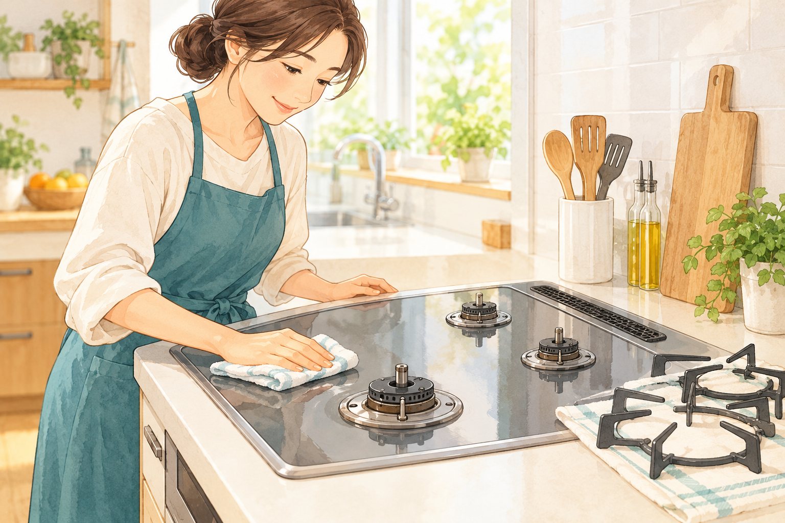 冷めたコンロ天板を拭いてお手入れする女性のイメージイラスト
