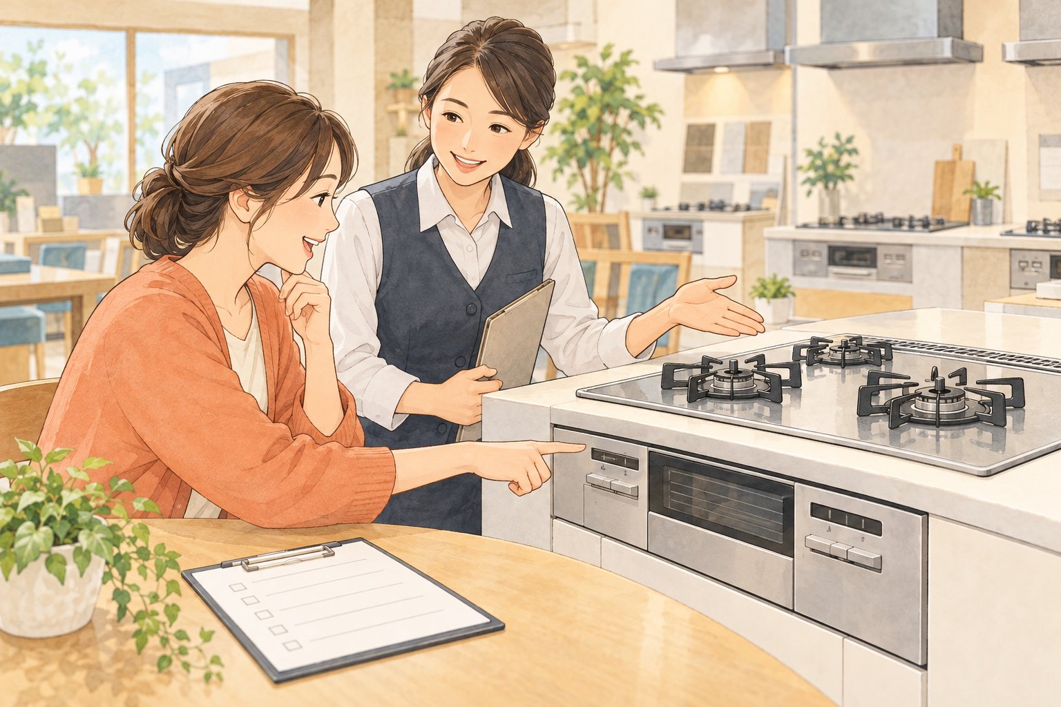 展示コンロを見ながら相談するお客様とスタッフのイメージイラスト
