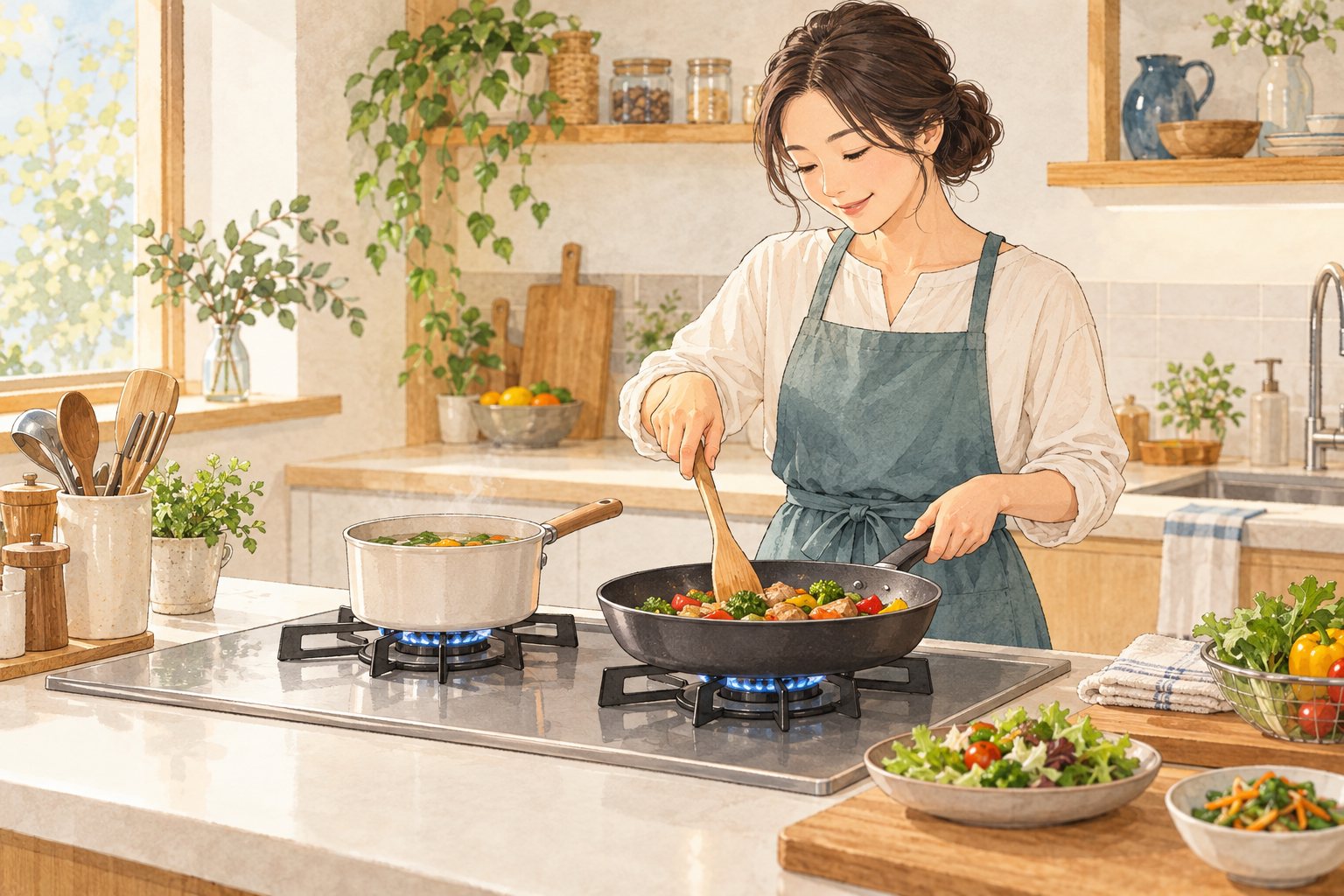 鍋とフライパンで夕食を作る女性のイメージイラスト