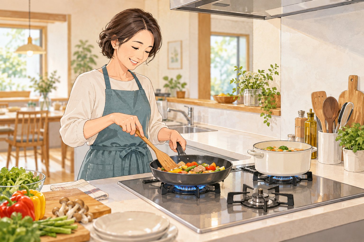明るいキッチンでガスコンロを使って料理する女性のイメージイラスト