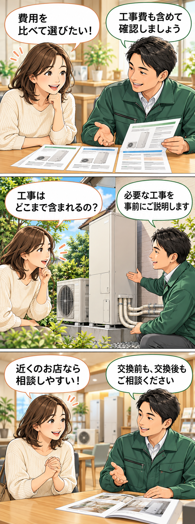 お客様「費用を比べて選びたい!」スタッフ「工事費も含めて確認しましょう」
